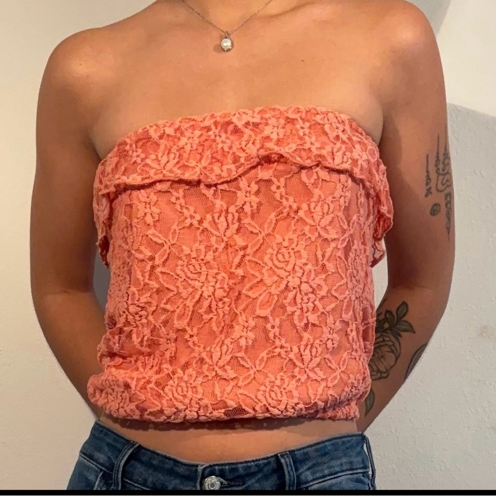 y2k Wetseal Pink Tube Top Women XS Lace Floral Pattern